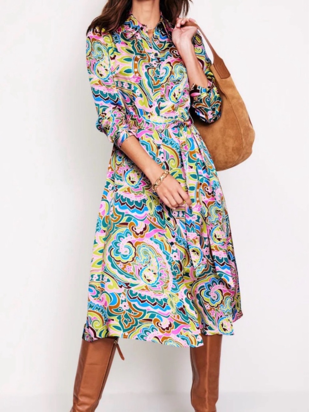 Boden Kate Satin Shirt Dress Boho Paisley Print Belted Pockets Retro 12